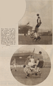 874758 Collage van 3 foto's betreffende de voetbalwedstrijd tussen Velox (Utrecht) en Zeeburgia (Amsterdam), op het ...
